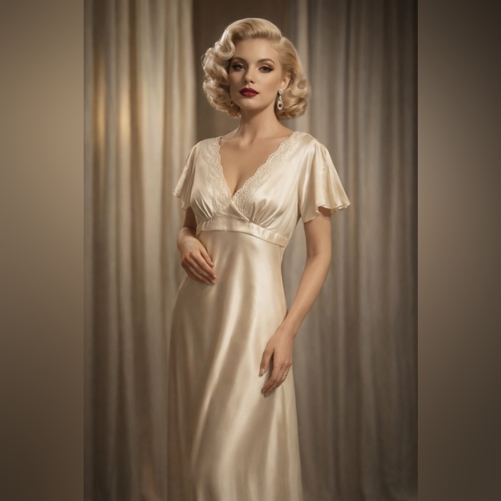 Sensara Vintage Style Hollywood Glam Vixen Night Gown Sleepwear Large Ivory Lace
